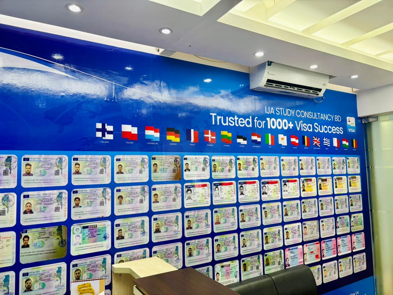 IJA Study Consultancy BD reception office at Farmgate Green Road Dhaka showing visa success wall